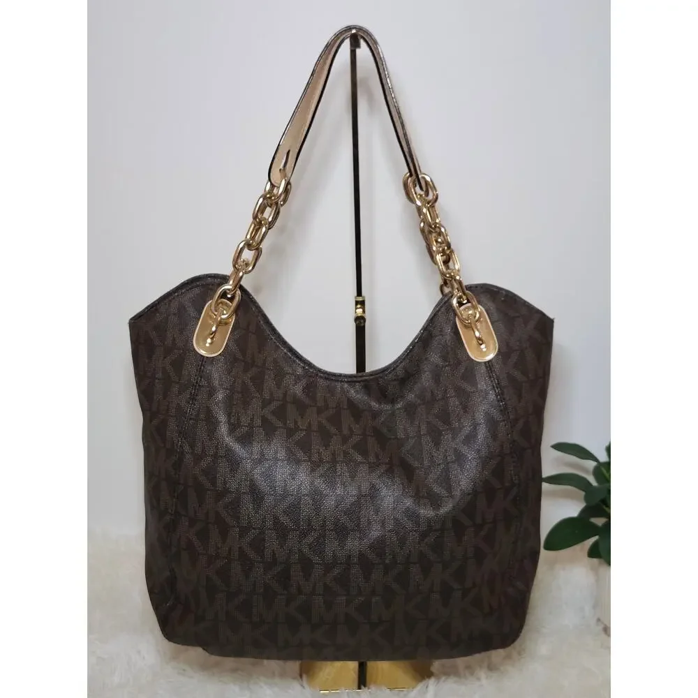 Michael Kors Hobo Tote Bag Brown Gold Classic Signature Monogram Chain